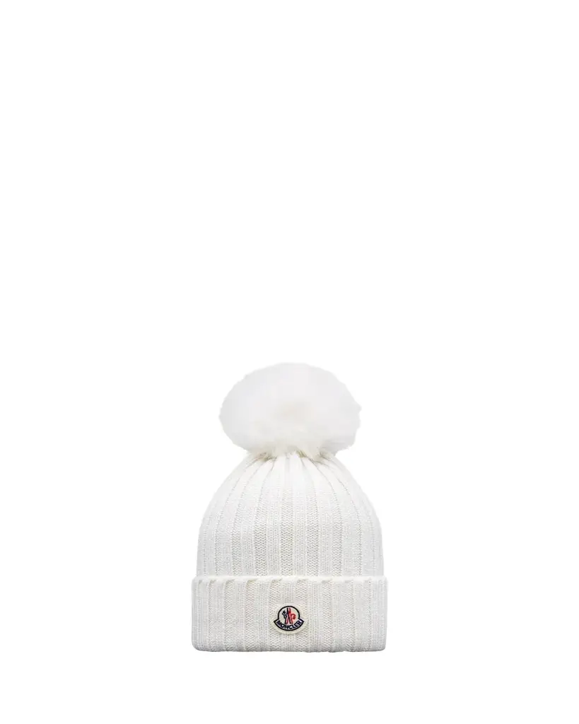 Moncler Ribbed Wool Beanie with Faux Fur Pom | Image 1 Moncler Ribbed Wool Beanie with Faux Fur Pom | Image 1