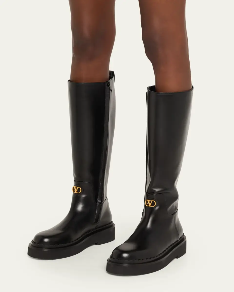 Valentino Garavani Vitello Brass VLogo Leather Knee-High Boots | Thumbnail 2 Valentino Garavani Vitello Brass VLogo Leather Knee-High Boots | Thumbnail 2