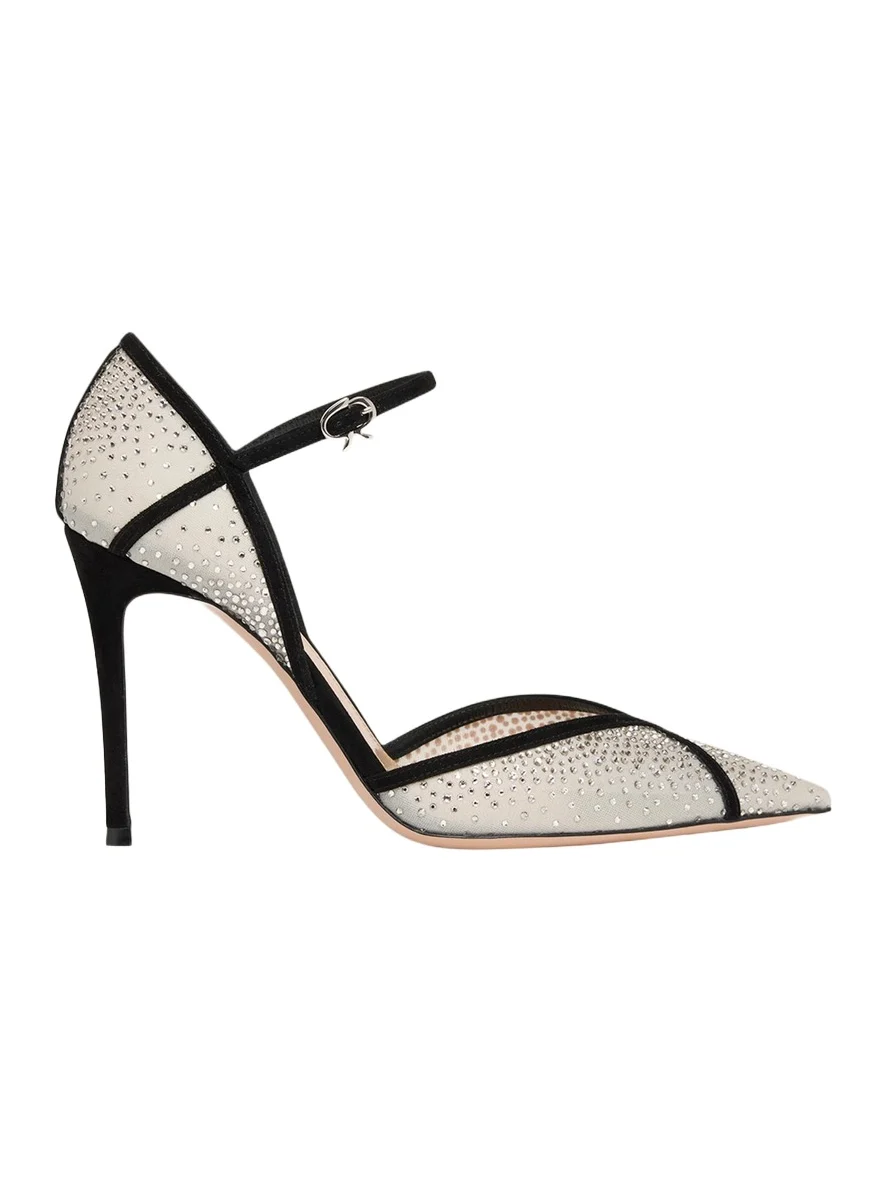 95mm Suede-Trimmed Crystal-Embellished Mesh Pumps