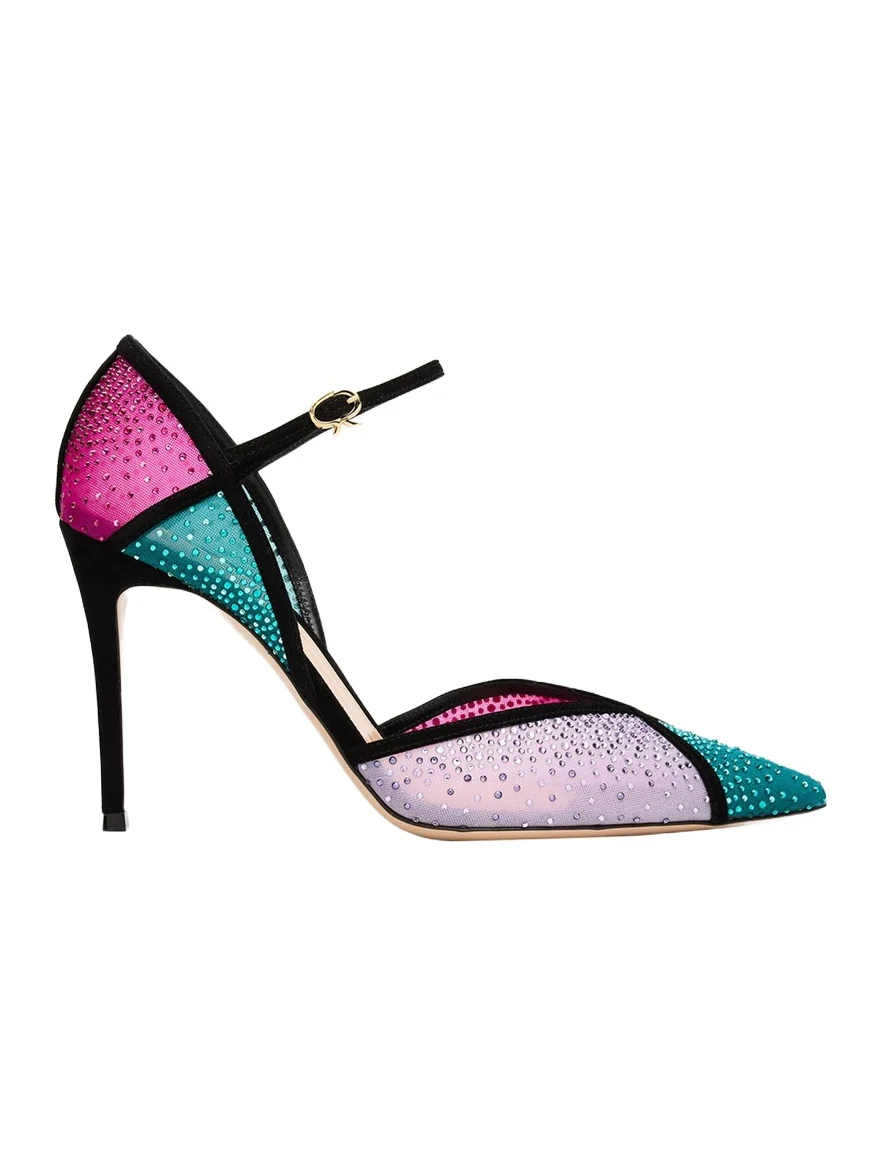 95mm Suede-Trimmed Crystal-Embellished Mesh Pumps