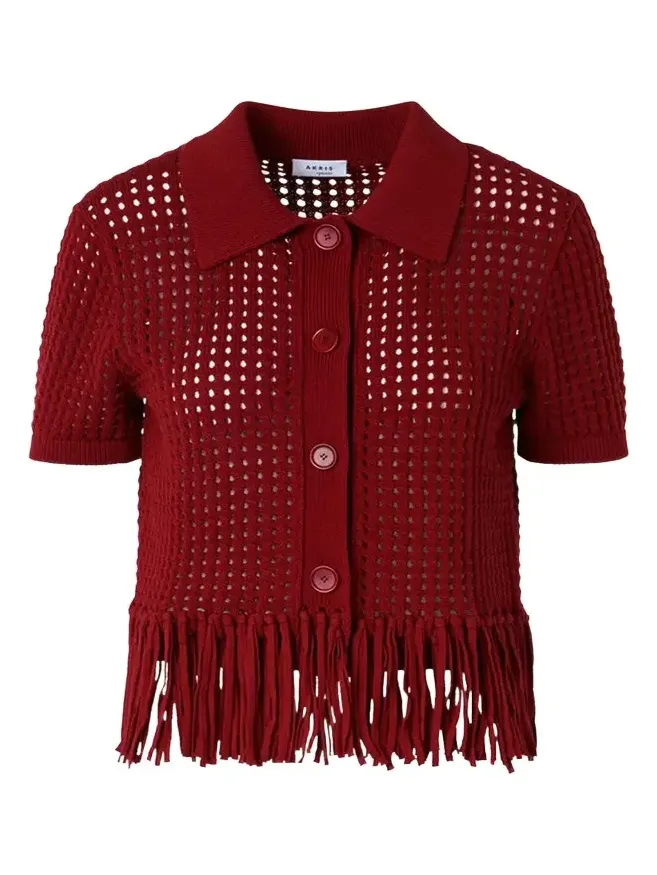 Chunky Cotton Mesh Knit Fringed Collared Cardigan Chunky Cotton Mesh Knit Fringed Collared Cardigan
