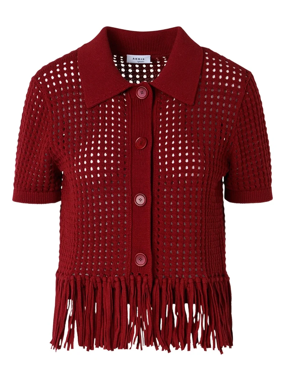 Akris punto Chunky Cotton Mesh Knit Fringed Collared Cardigan