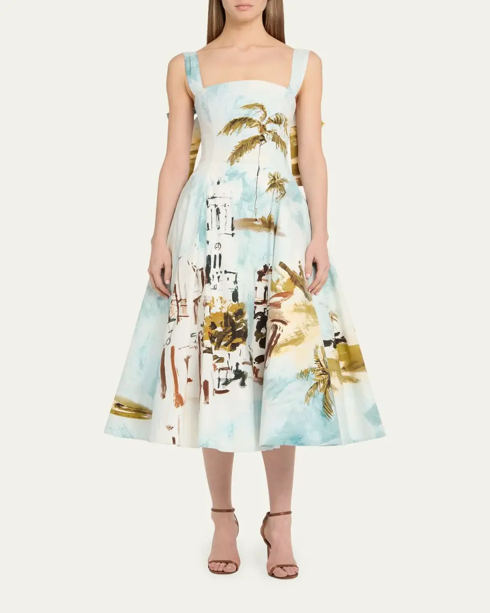Oscar de la Renta Sleeveless Landscape-Print Poplin Midi Dress | Thumbnail 2 Oscar de la Renta Sleeveless Landscape-Print Poplin Midi Dress | Thumbnail 2