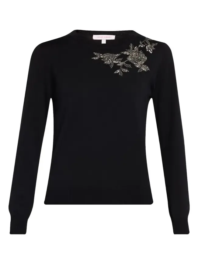 Flower Beaded Silk-Cotton Crewneck Sweater Flower Beaded Silk-Cotton Crewneck Sweater