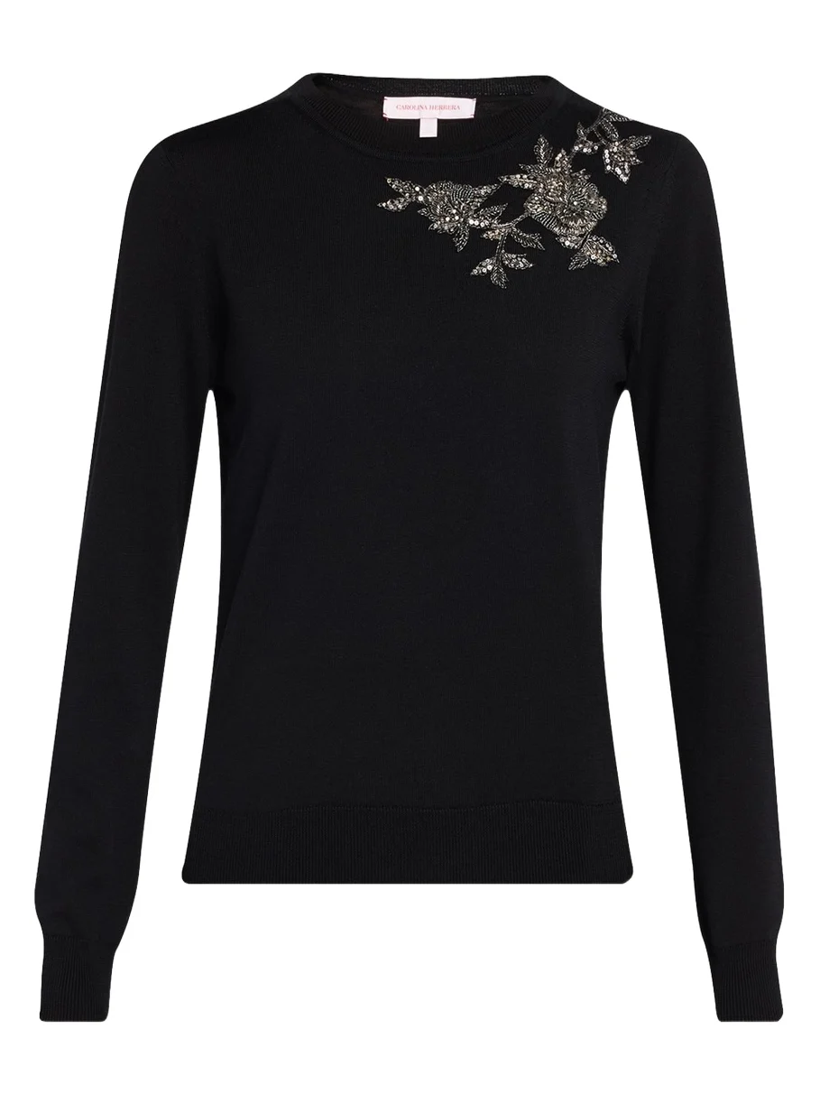 Flower Beaded Silk-Cotton Crewneck Sweater Flower Beaded Silk-Cotton Crewneck Sweater