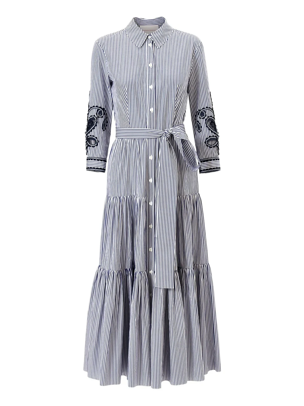 Paisley Embroidered 3/4-Sleeve Tiered Midi Shirtdress Paisley Embroidered 3/4-Sleeve Tiered Midi Shirtdress