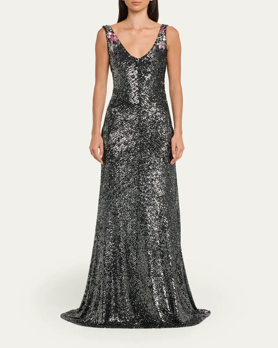 Naeem Khan Floral Applique Stretch Sequin V-Neck Gown | Thumbnail 2 Naeem Khan Floral Applique Stretch Sequin V-Neck Gown | Thumbnail 2
