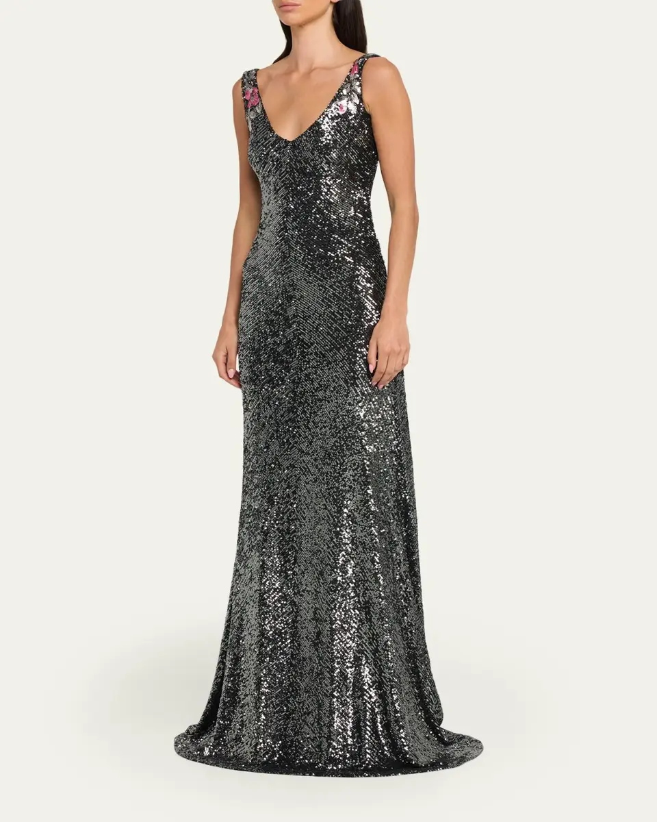 Naeem Khan Floral Applique Stretch Sequin V-Neck Gown | Thumbnail 4 Naeem Khan Floral Applique Stretch Sequin V-Neck Gown | Thumbnail 4