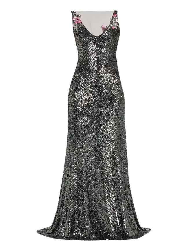 Floral Applique Stretch Sequin V-Neck Gown