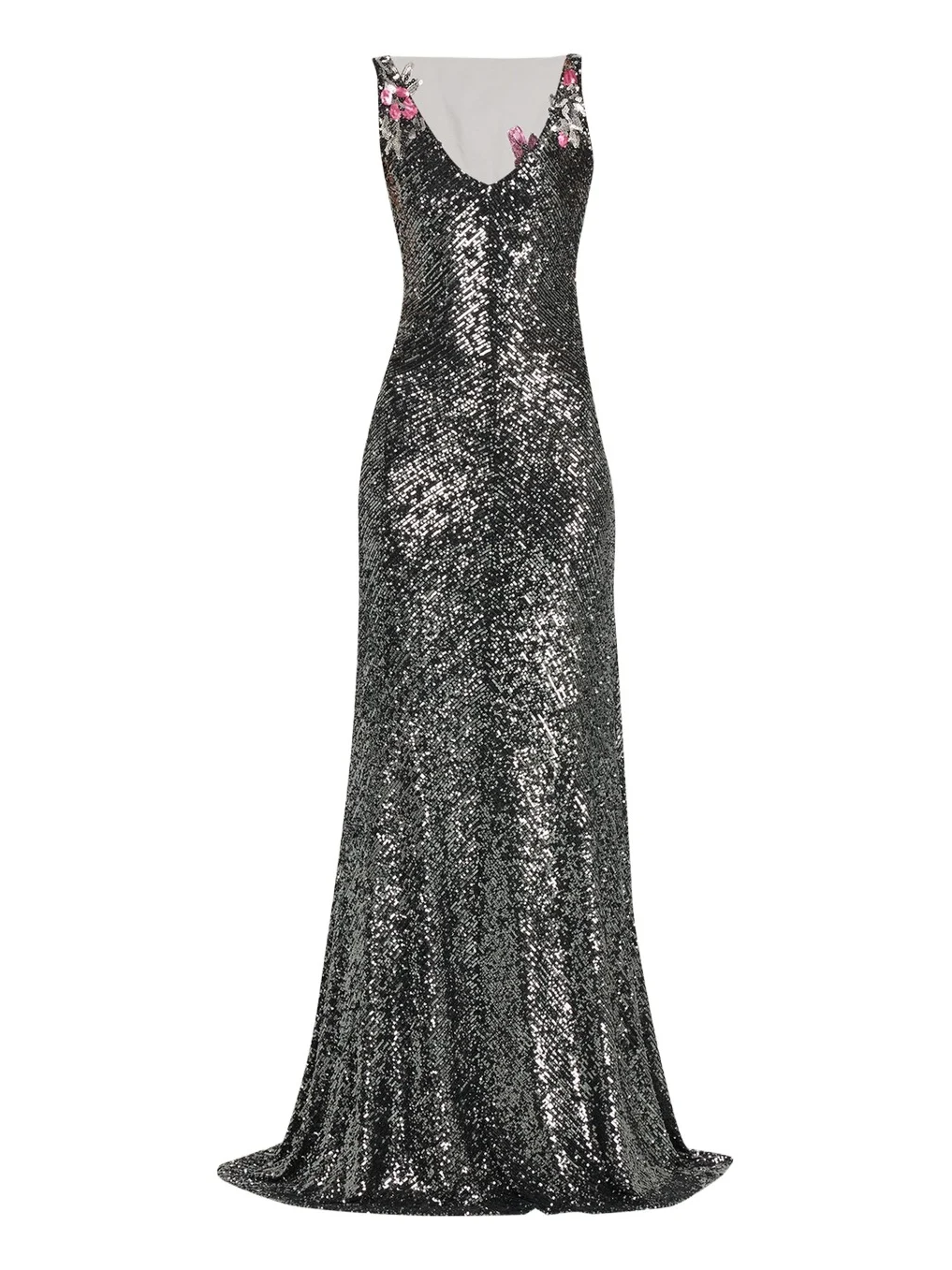 Floral Applique Stretch Sequin V-Neck Gown