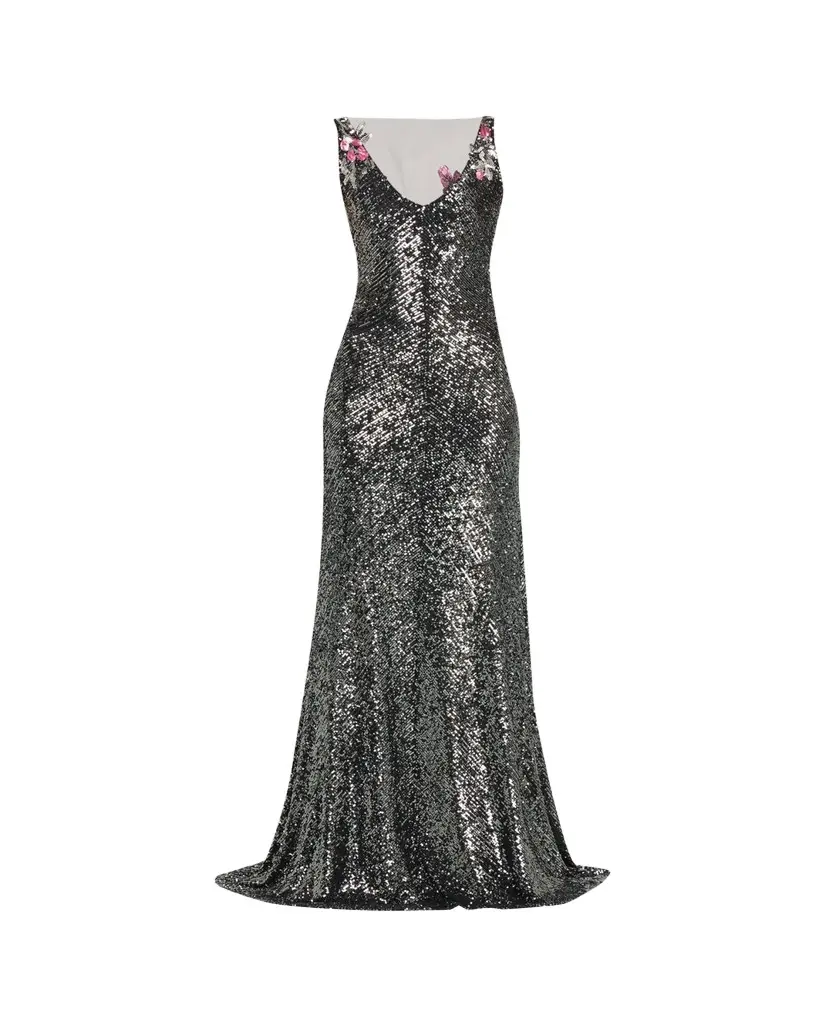 Naeem Khan Floral Applique Stretch Sequin V-Neck Gown | Image 1 Naeem Khan Floral Applique Stretch Sequin V-Neck Gown | Image 1