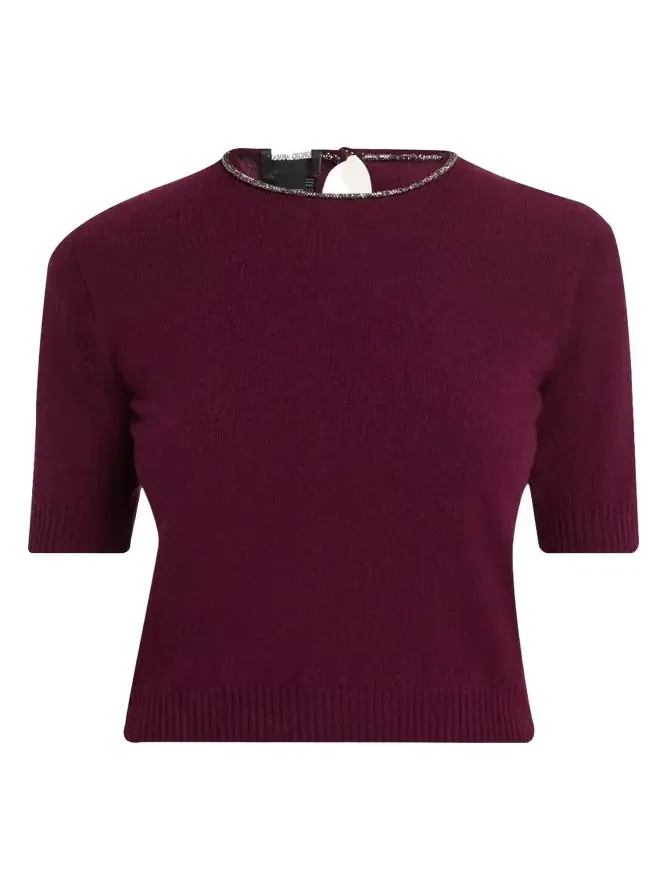 Embellished Short-Sleeve Cashmere Crewneck Sweater