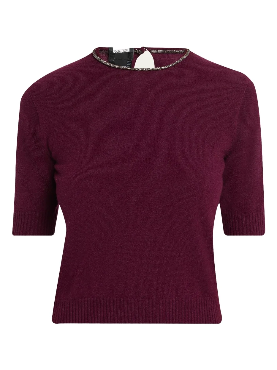 Embellished Short-Sleeve Cashmere Crewneck Sweater Embellished Short-Sleeve Cashmere Crewneck Sweater