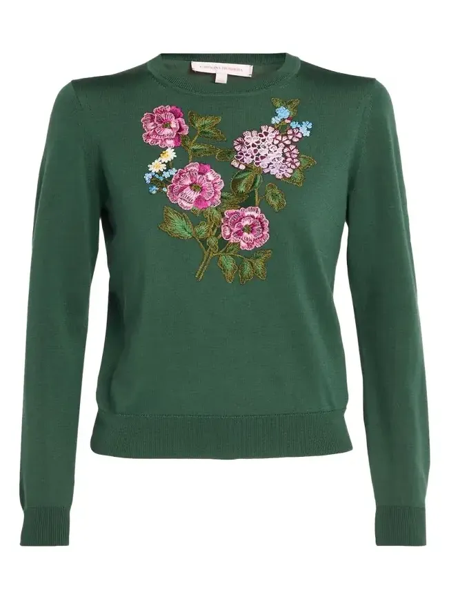 Floral Embroidered Silk-Cotton Crewneck Sweater Floral Embroidered Silk-Cotton Crewneck Sweater