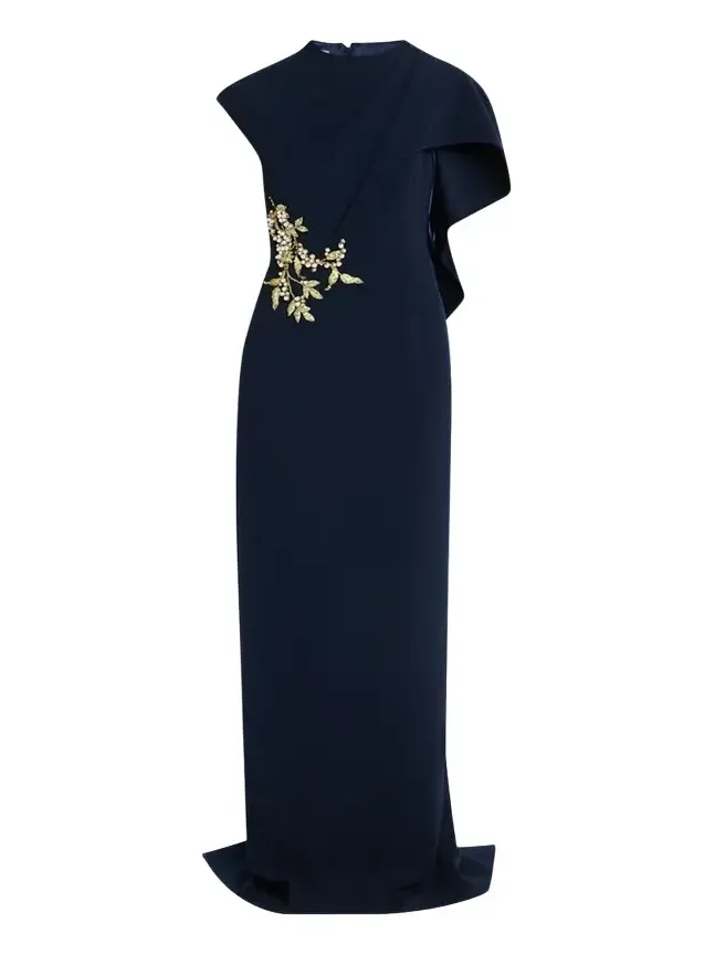 Floral-Embroidered Asymmetric Capelet Gown Floral-Embroidered Asymmetric Capelet Gown