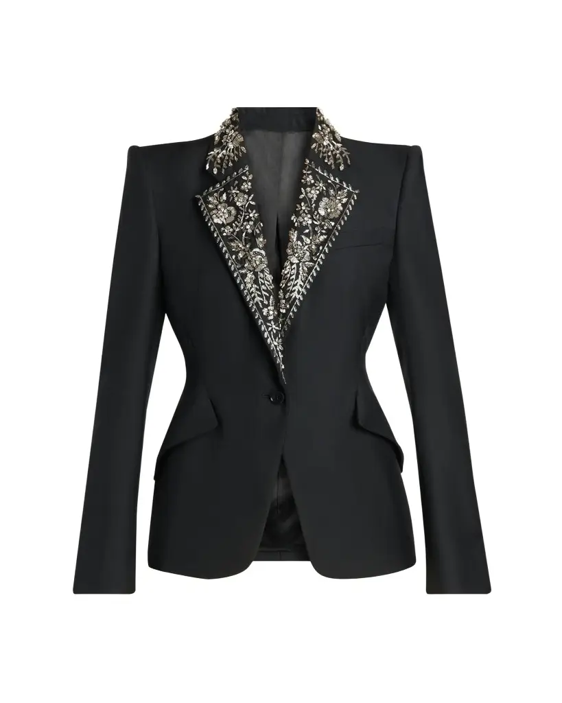 Alexander McQueen Beaded Lapel Single-Breasted Jacket | Image 1 Alexander McQueen Beaded Lapel Single-Breasted Jacket | Image 1