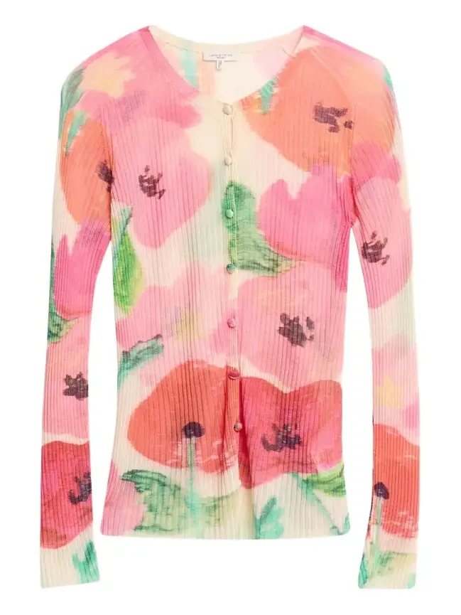 Floral-Print Rib Knit Cardigan