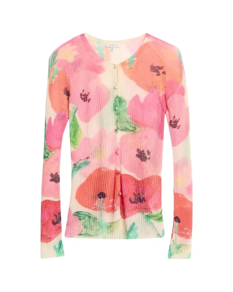 Lafayette 148 New York Floral-Print Rib Knit Cardigan | Image 1 Lafayette 148 New York Floral-Print Rib Knit Cardigan | Image 1