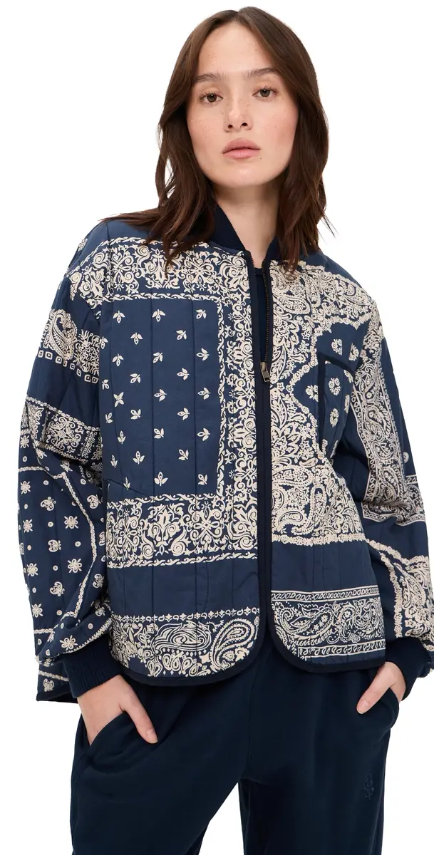 The Great. THE GREAT. The Quilted Bomber Jacket Navy Bandana Print 2 | Image 1 The Great. THE GREAT. The Quilted Bomber Jacket Navy Bandana Print 2 | Image 1