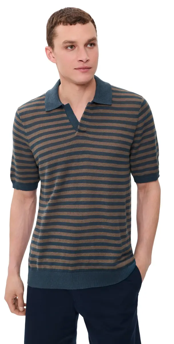 Faherty Linen Sweater Polo Top Navy Cedar Stripe | Image 1 Faherty Linen Sweater Polo Top Navy Cedar Stripe | Image 1