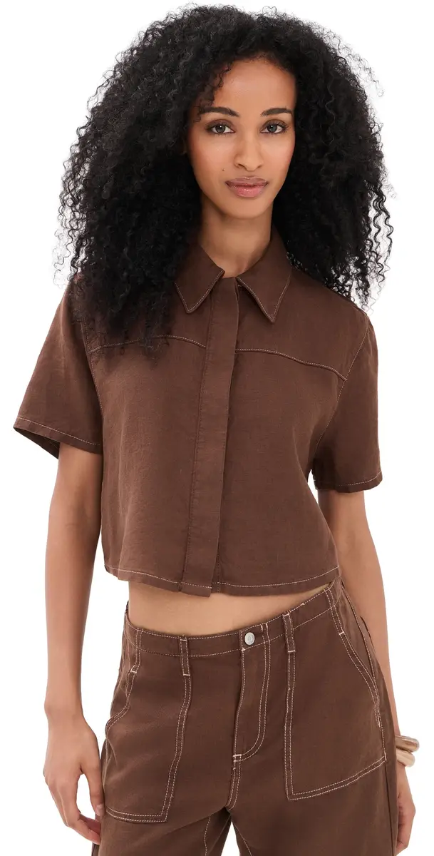 Le Jean Linen Short Sleeve Swing Shirt Cocoa | Image 1 Le Jean Linen Short Sleeve Swing Shirt Cocoa | Image 1