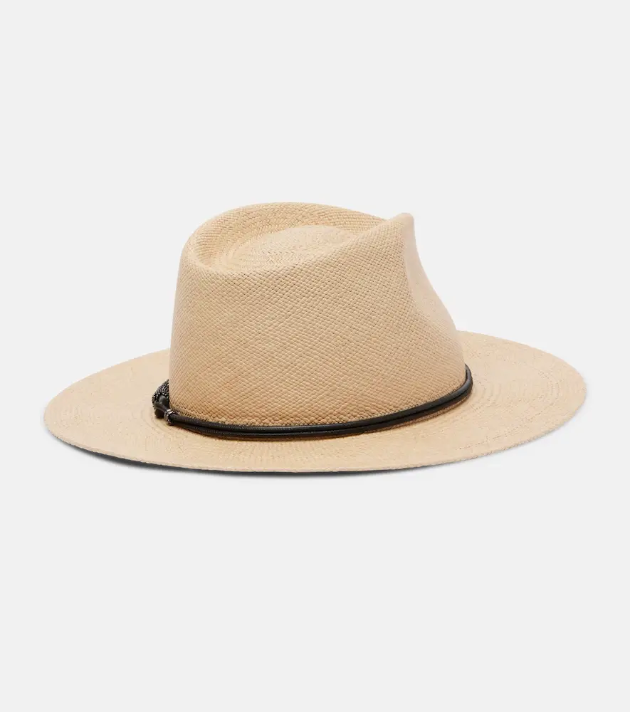 Brunello Cucinelli Monili leather-trimmed straw fedora hat | Thumbnail 2