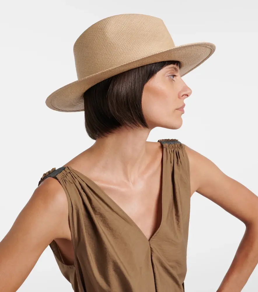 Brunello Cucinelli Monili leather-trimmed straw fedora hat | Thumbnail 4