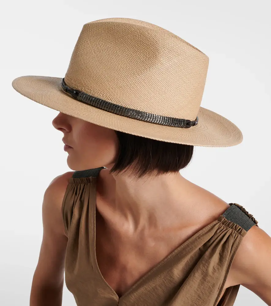Brunello Cucinelli Monili leather-trimmed straw fedora hat | Thumbnail 5