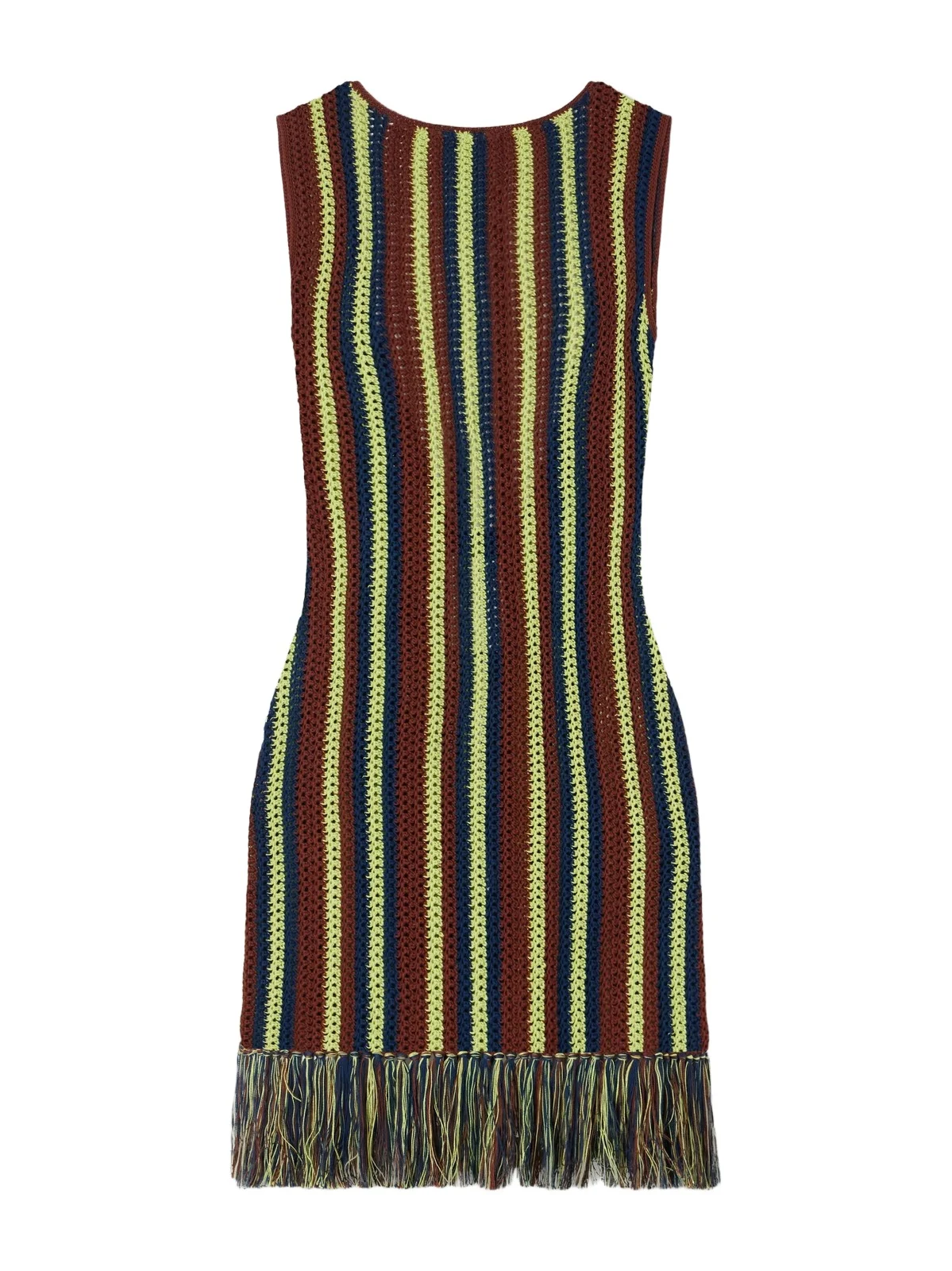 ESCVDO Misti Matcha Striped Fringe-trimmed Crochet-knit Cotton Mini Dress