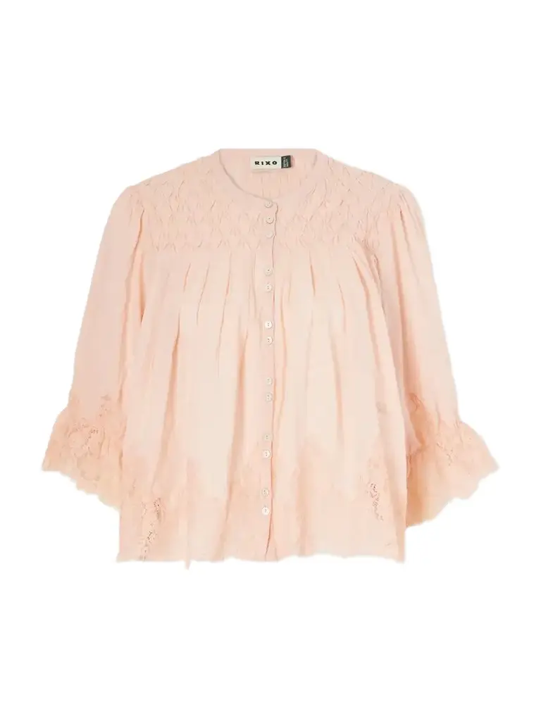 Rixo Erika Shirred Lace-trimmed Cotton-voile Blouse | Image 1 Rixo Erika Shirred Lace-trimmed Cotton-voile Blouse | Image 1