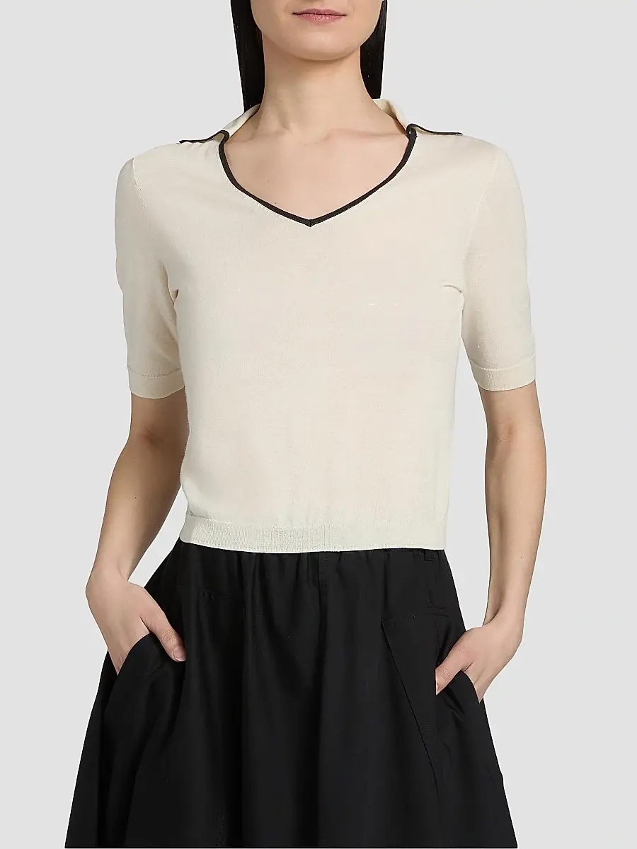 Vince Women's Tipped Cotton-Cashmere Knit Polo Top | Thumbnail 3