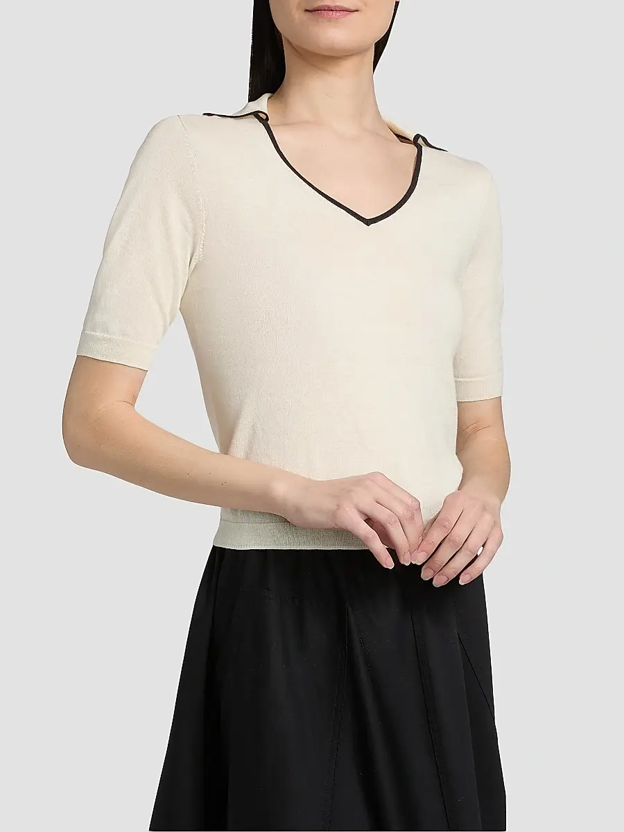 Vince Women's Tipped Cotton-Cashmere Knit Polo Top | Thumbnail 4