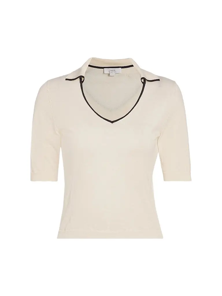 Vince Women's Tipped Cotton-Cashmere Knit Polo Top - Off White Ink | Image 1 Vince Women's Tipped Cotton-Cashmere Knit Polo Top - Off White Ink | Image 1