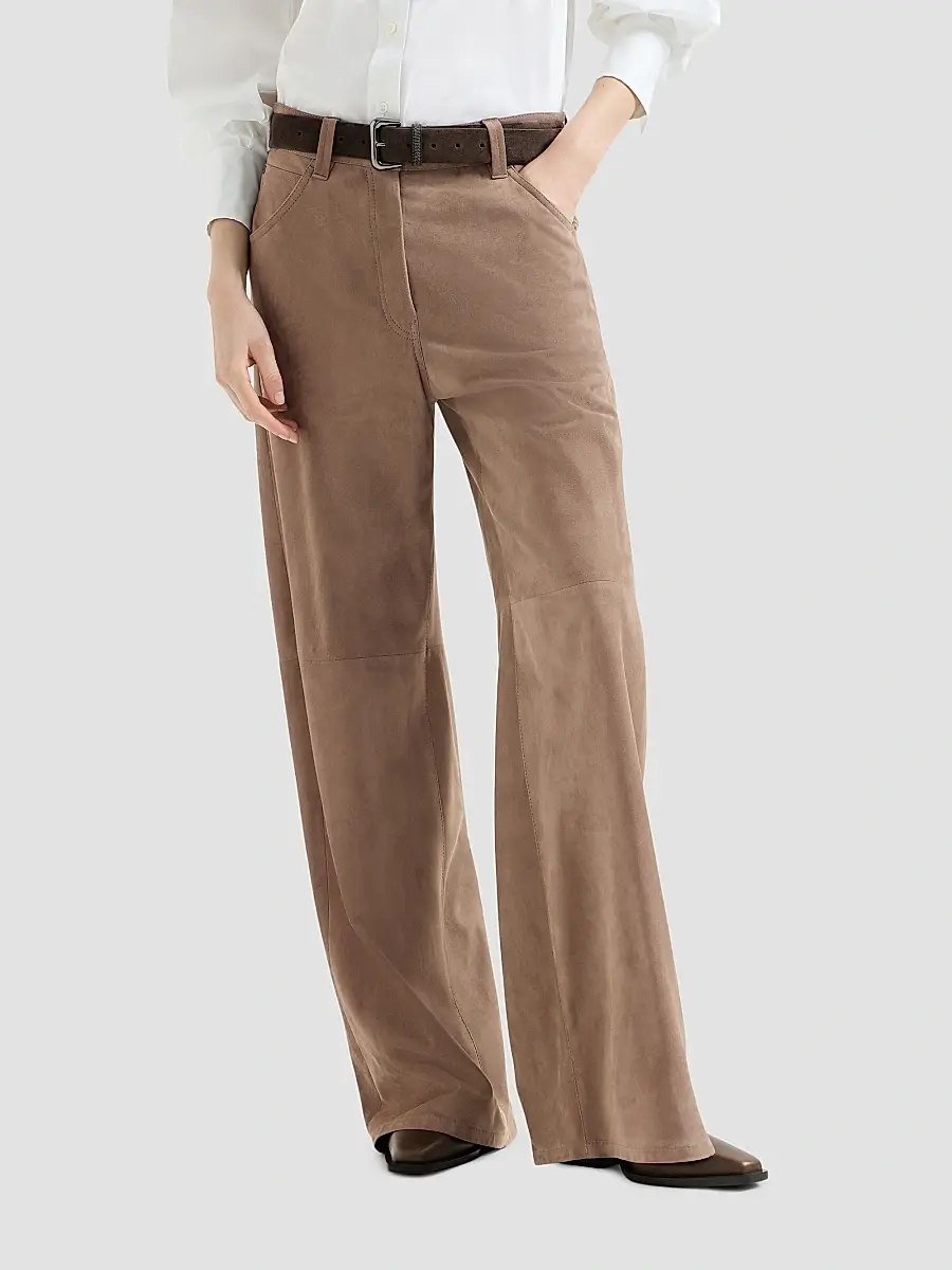 Brunello Cucinelli Women's Suede Baggy Trousers with Monili - Light Brown | Thumbnail 2 Brunello Cucinelli Women's Suede Baggy Trousers with Monili - Light Brown | Thumbnail 2