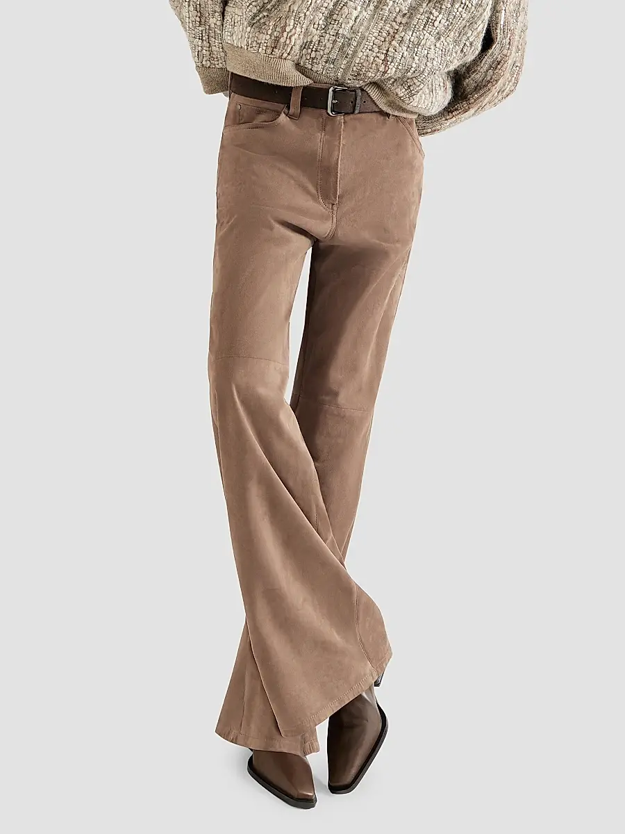 Brunello Cucinelli Women's Suede Baggy Trousers with Monili - Light Brown | Thumbnail 5 Brunello Cucinelli Women's Suede Baggy Trousers with Monili - Light Brown | Thumbnail 5
