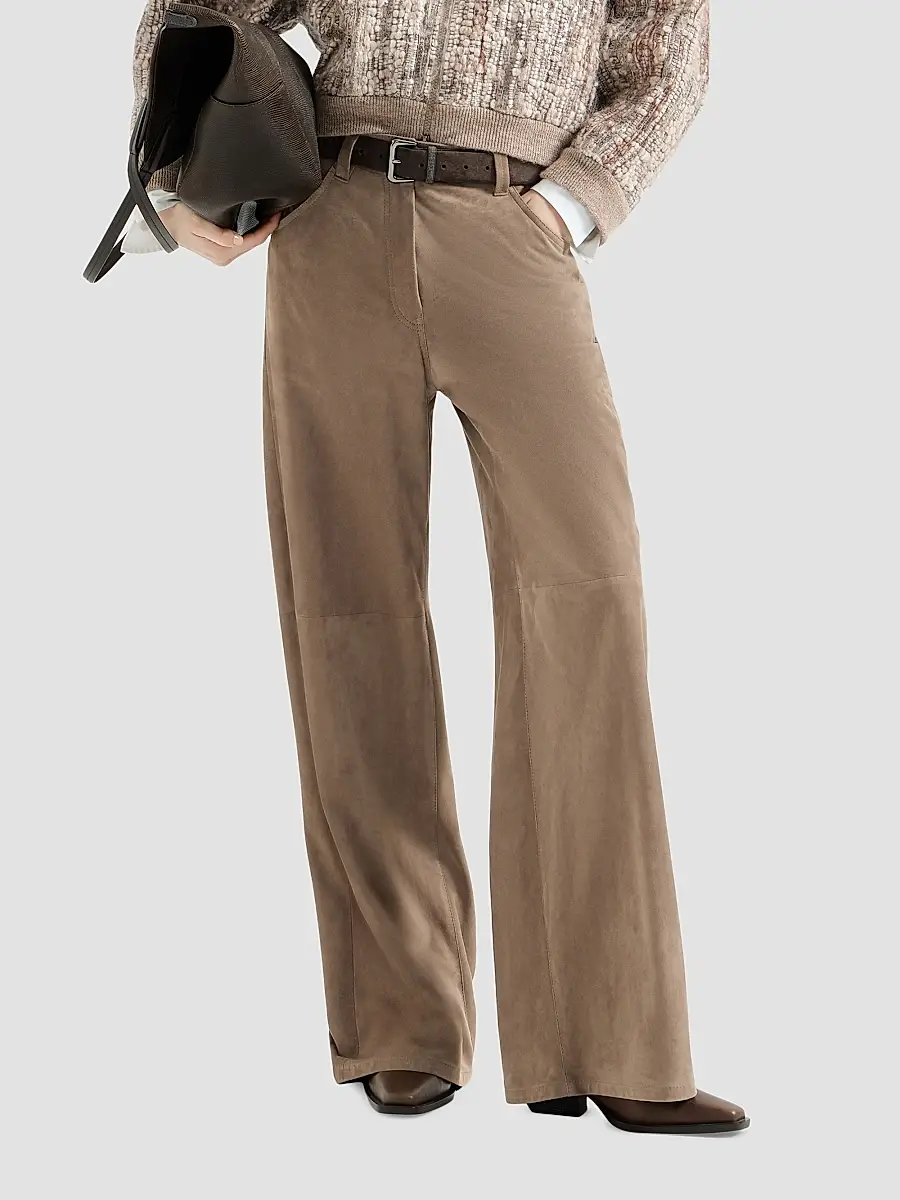 Brunello Cucinelli Women's Suede Baggy Trousers with Monili - Light Brown | Thumbnail 6 Brunello Cucinelli Women's Suede Baggy Trousers with Monili - Light Brown | Thumbnail 6