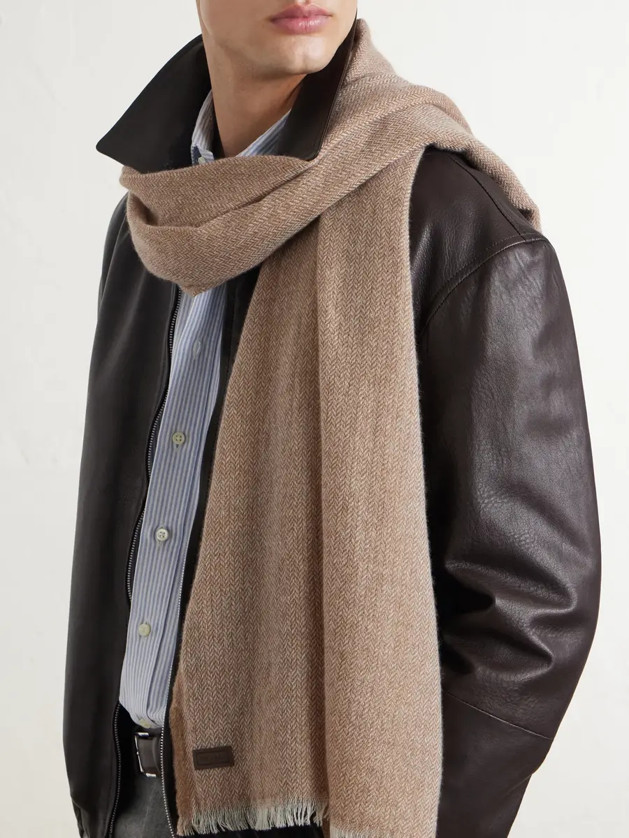 Canali Frayed Herringbone Wool and Cashmere-Blend Scarf - Men | Thumbnail 3 Canali Frayed Herringbone Wool and Cashmere-Blend Scarf - Men | Thumbnail 3