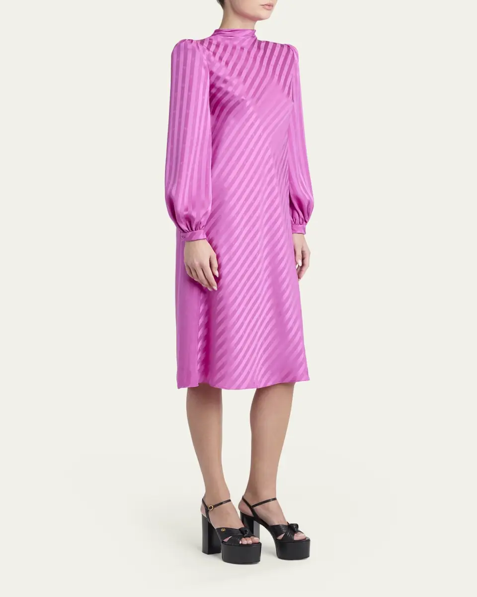 Valentino Garavani V-Logo Striped Silk Puff-Sleeve Shift Dress | Thumbnail 4 Valentino Garavani V-Logo Striped Silk Puff-Sleeve Shift Dress | Thumbnail 4