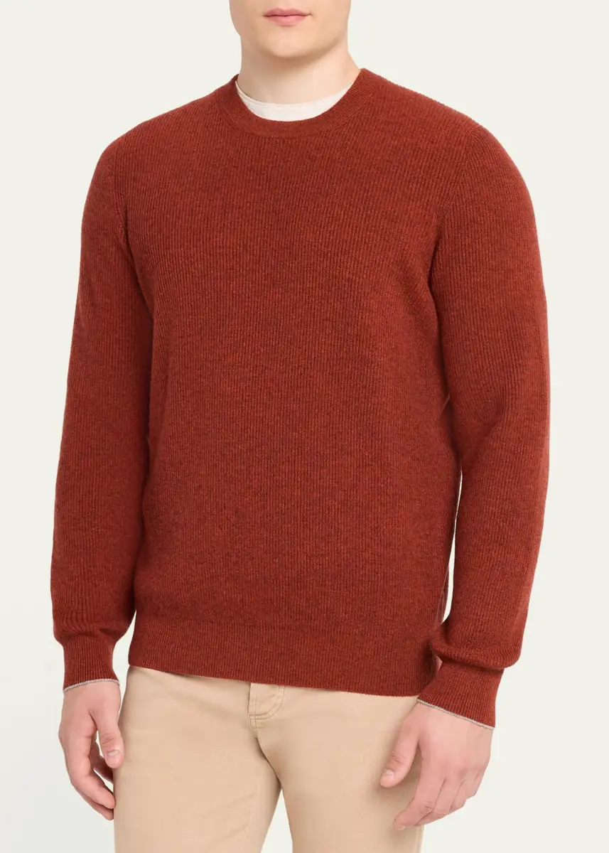 Brunello Cucinelli Men's Crewneck English Rib Cashmere Sweater | Thumbnail 4 Brunello Cucinelli Men's Crewneck English Rib Cashmere Sweater | Thumbnail 4
