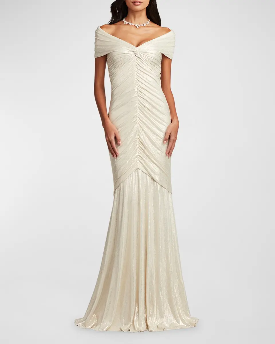 Tadashi Shoji Ruched Off-Shoulder Shimmer Jersey Gown | Thumbnail 3 Tadashi Shoji Ruched Off-Shoulder Shimmer Jersey Gown | Thumbnail 3