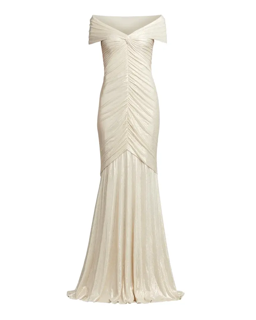 Tadashi Shoji Ruched Off-Shoulder Shimmer Jersey Gown | Image 1 Tadashi Shoji Ruched Off-Shoulder Shimmer Jersey Gown | Image 1