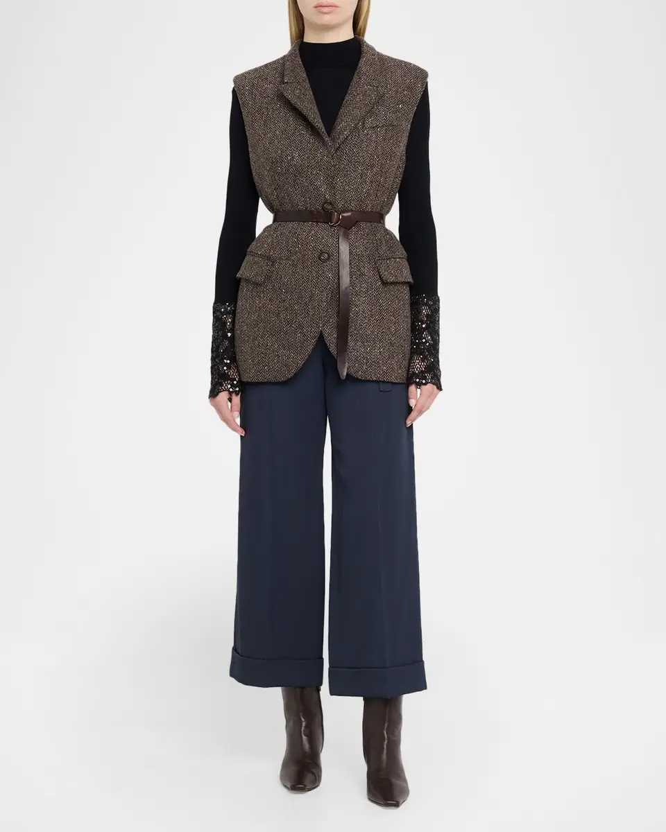 Brunello Cucinelli Wool-Blend Herringbone Belted Vest | Thumbnail 2 Brunello Cucinelli Wool-Blend Herringbone Belted Vest | Thumbnail 2