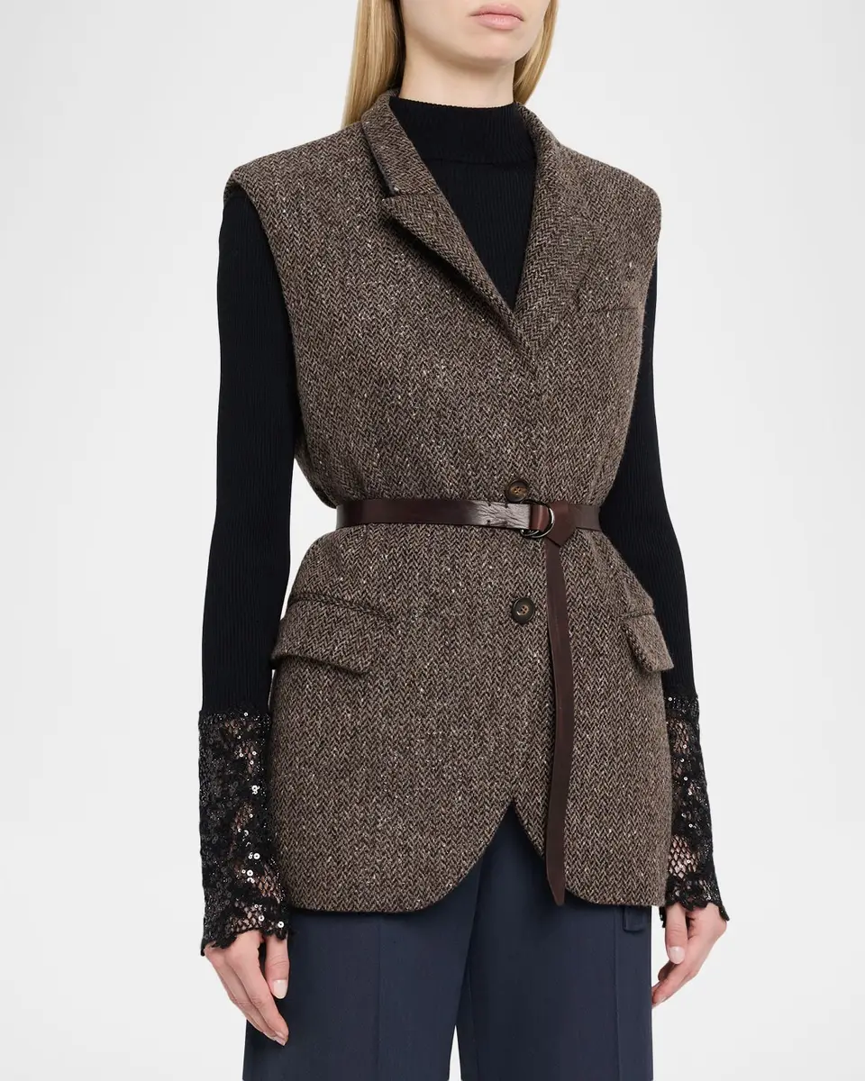 Brunello Cucinelli Wool-Blend Herringbone Belted Vest | Thumbnail 4 Brunello Cucinelli Wool-Blend Herringbone Belted Vest | Thumbnail 4