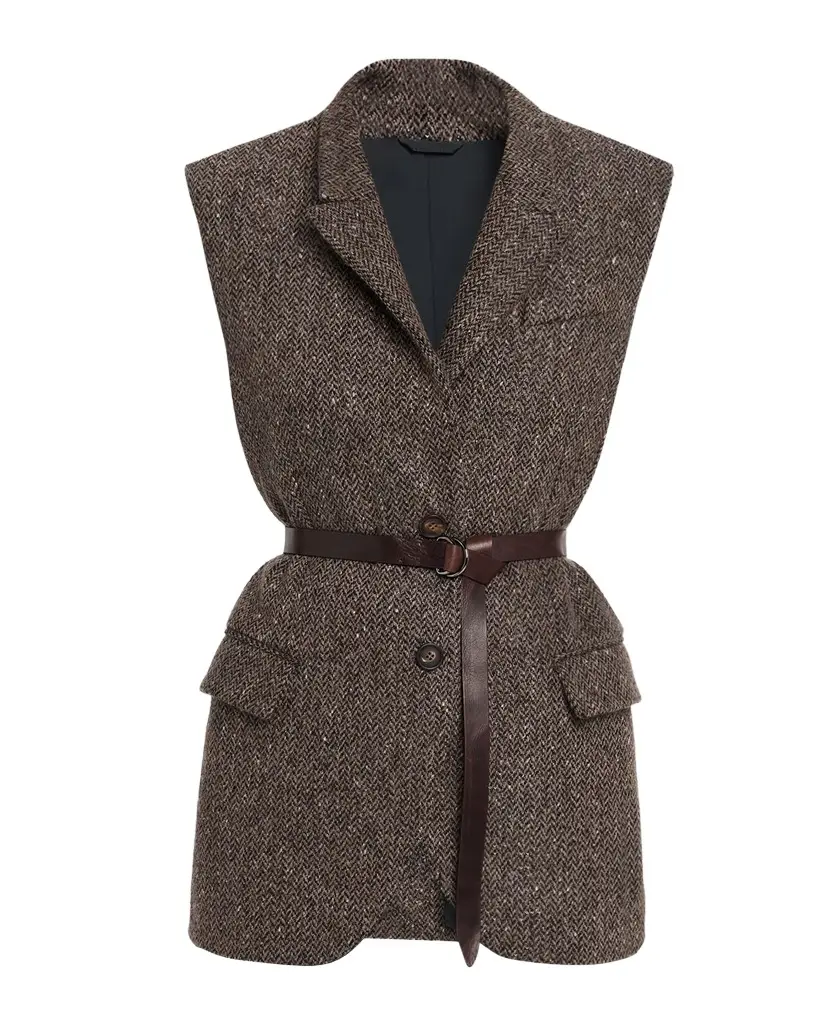 Brunello Cucinelli Wool-Blend Herringbone Belted Vest | Image 1 Brunello Cucinelli Wool-Blend Herringbone Belted Vest | Image 1