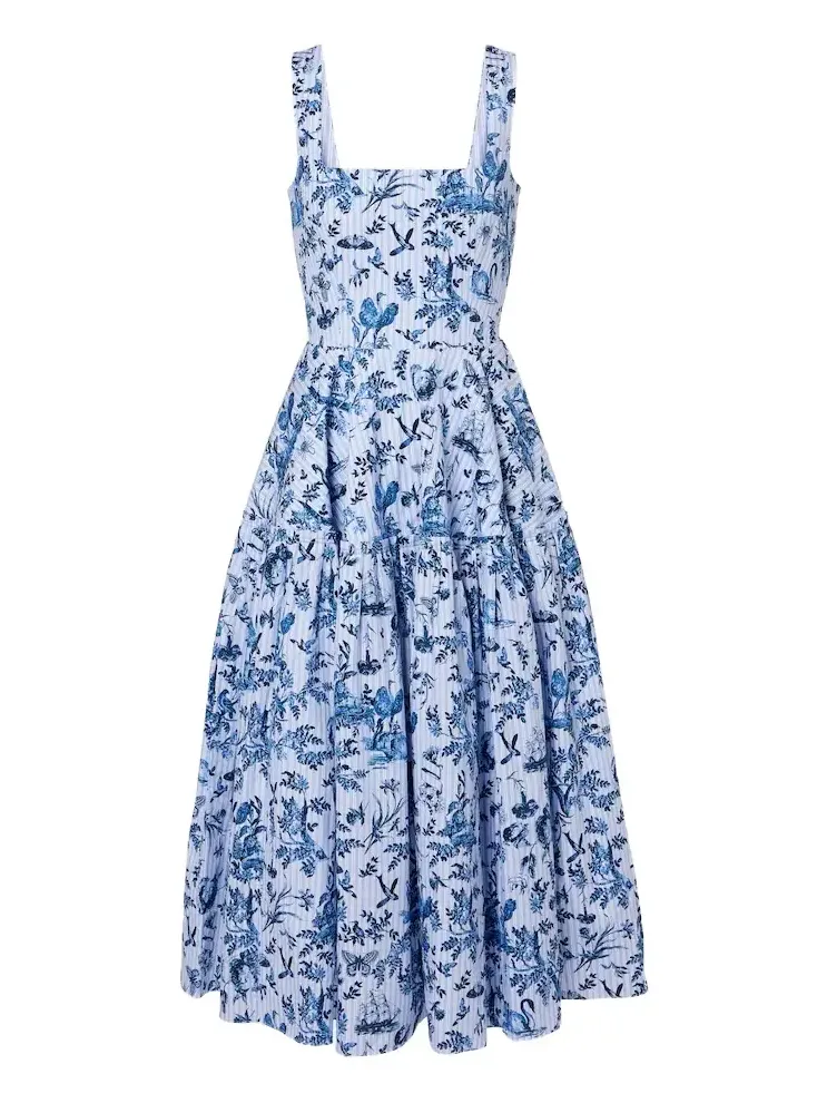 Striped printed cotton poplin midi dress