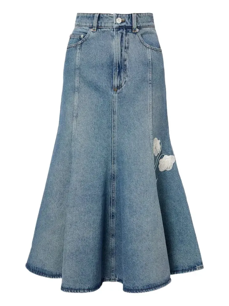 Floral-appliqué denim midi skirt Floral-appliqué denim midi skirt