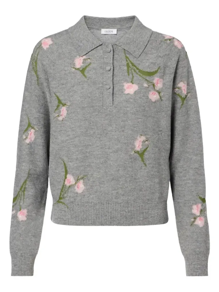 Floral intarsia wool polo sweater