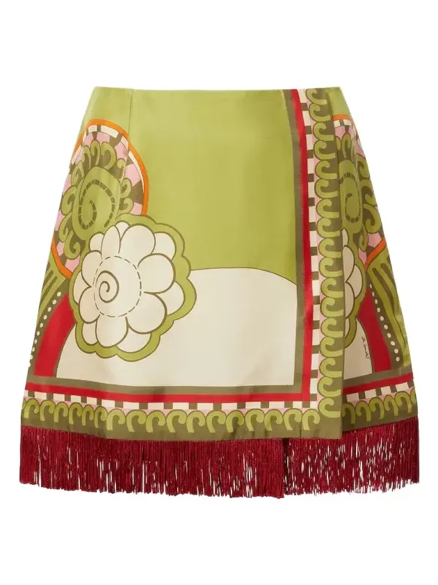 Printed fringe-trimmed silk miniskirt Printed fringe-trimmed silk miniskirt