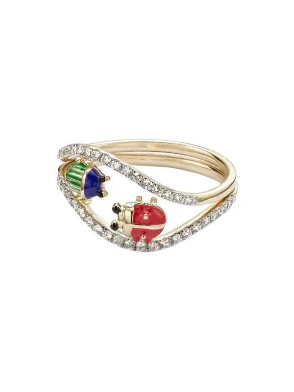Yvonne Léon Alliance Coccinelle Scarabée Mini 9kt gold and enamel ring with diamonds