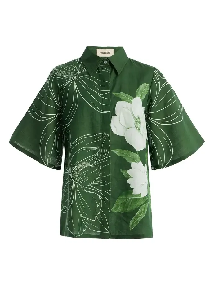 Bell-Sleeve Floral Linen-Cotton Shirt